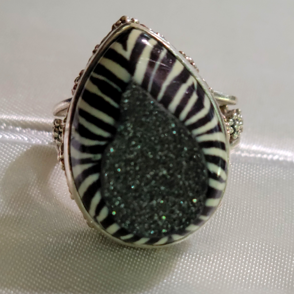 Sajen Zebra Stripe Druzy 925 Sterling Silver Adjustable Ring